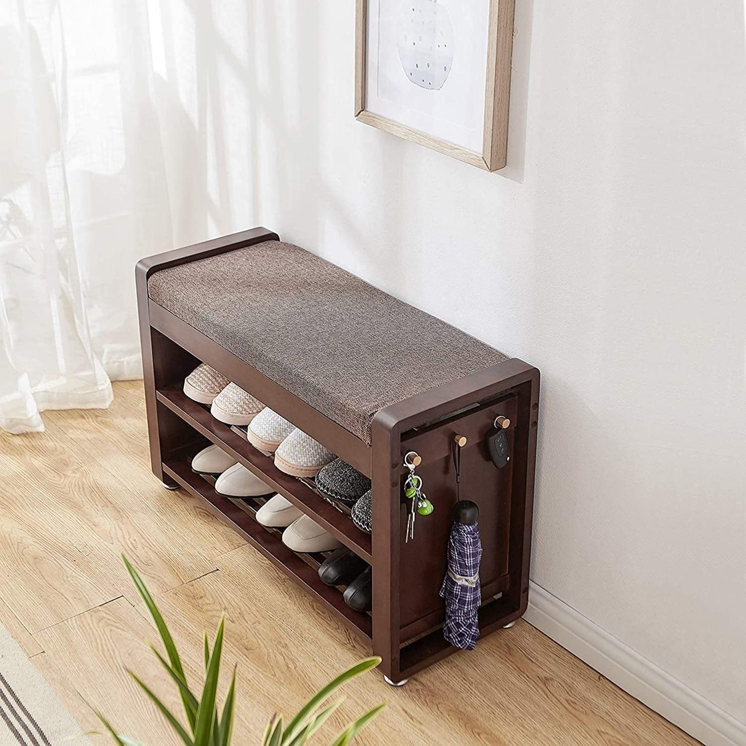 Entrance corridor shoe rack bamboo side hook soft cushion shoe storage