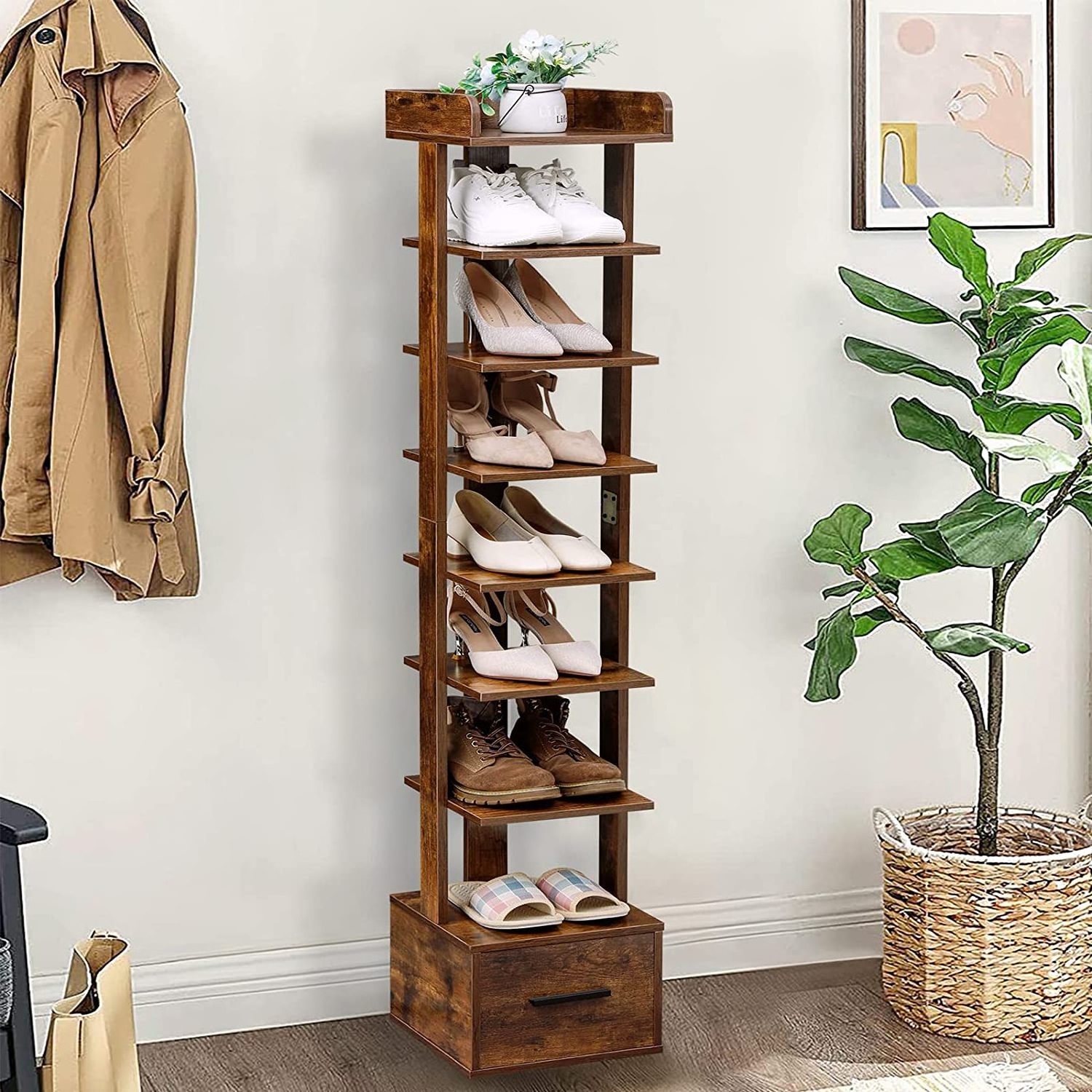 8 storey vertical shoe rack Wooden narrow shoe tower with bottom drawer shoe rack organizer