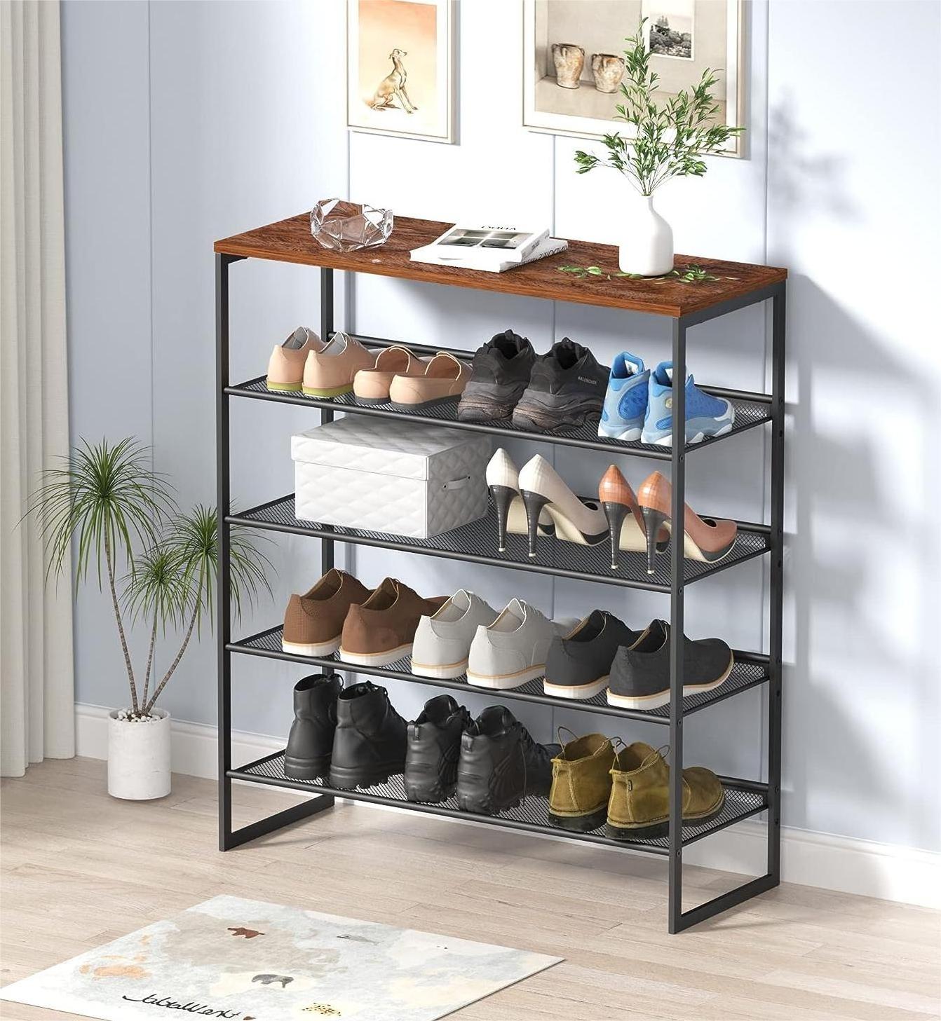 Shoe Rack - Sturdy Steel Shoe for Closet or Entryway and Strong Mesh Shelves - Industrial Style Free Standing Storage Shelves