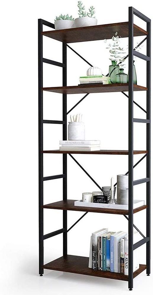 5-Tier Wood Modern Tall Display Shelf Racks Open Wide Standing Bookcase with Metal Frames