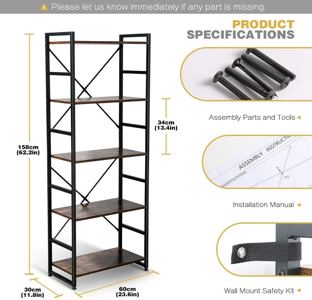 5-Tier Wood Modern Tall Display Shelf Racks Open Wide Standing Bookcase with Metal Frames