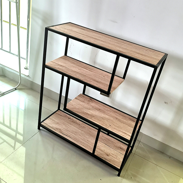 Industrial Style Stand 4 Staggered Shelf Living Room Display Rack Wood Shelf Bookcase