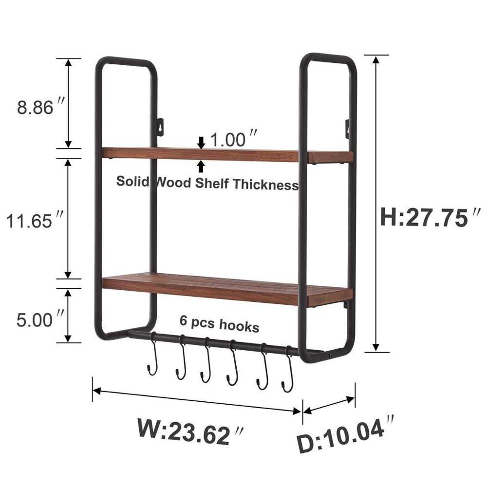 Solid Wood Wall Shelf with Hooks 2-Tier Shelves Wall Mounted for Kitchen Bathroom Bedroom and Office