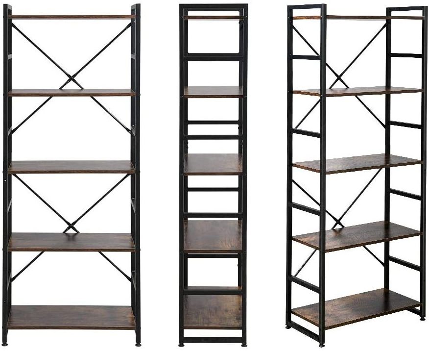 5-Tier Wood Modern Tall Display Shelf Racks Open Wide Standing Bookcase with Metal Frames