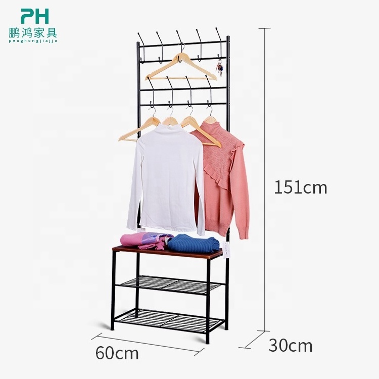 Vintage furniture Stainless steel coat hook rack coat rack free standing wooden clothes tree with shoe storage coat hanger