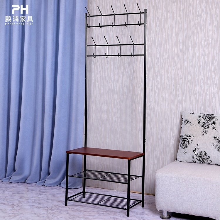 Vintage furniture Stainless steel coat hook rack coat rack free standing wooden clothes tree with shoe storage coat hanger