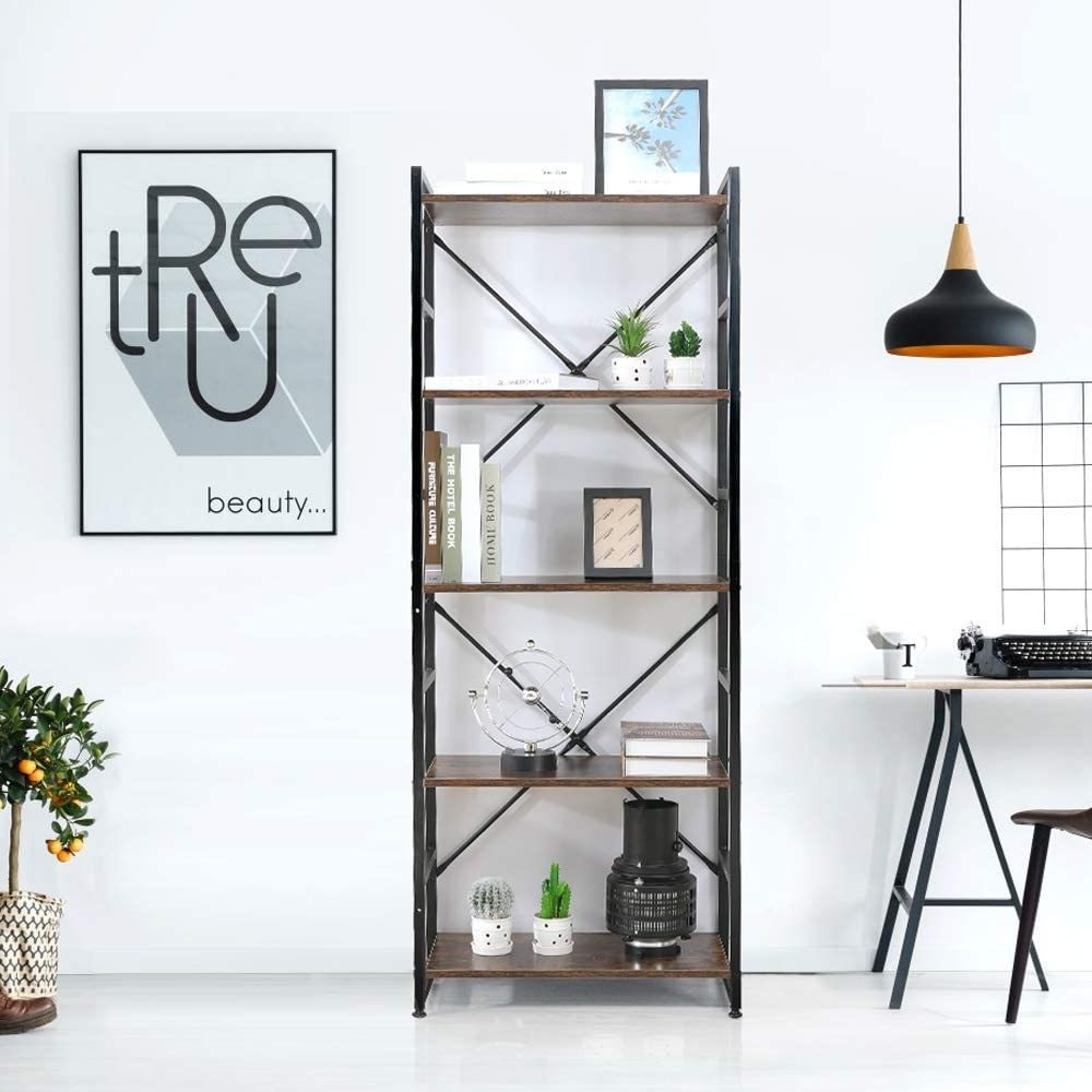 5-Tier Wood Modern Tall Display Shelf Racks Open Wide Standing Bookcase with Metal Frames