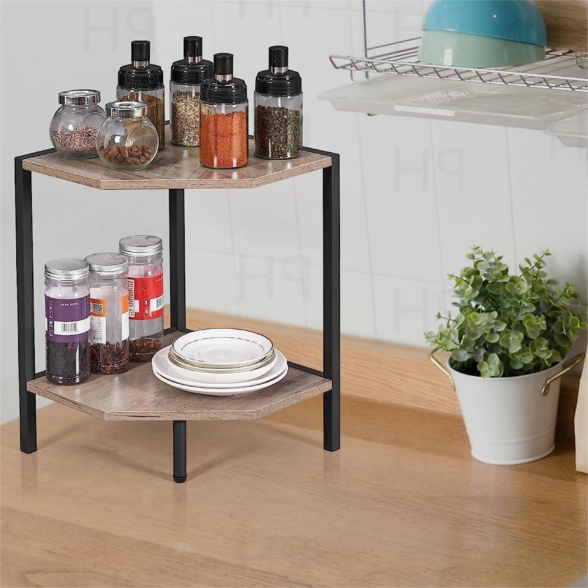 2 Tier Corner Shelf Stand, Industrial Corner Display Rack for Living Room Decor  Wall Corner Bookshelf Multi Unit Organizer