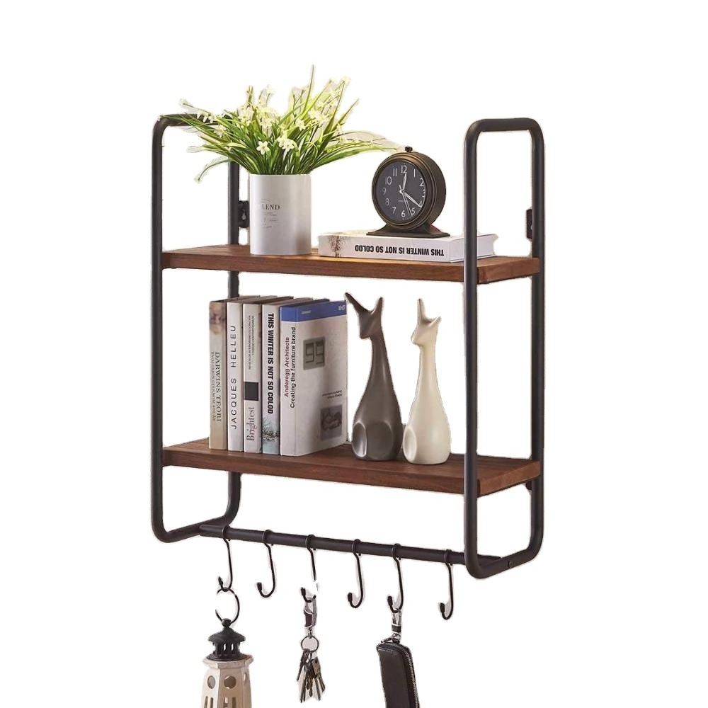 Solid Wood Wall Shelf with Hooks 2-Tier Shelves Wall Mounted for Kitchen Bathroom Bedroom and Office