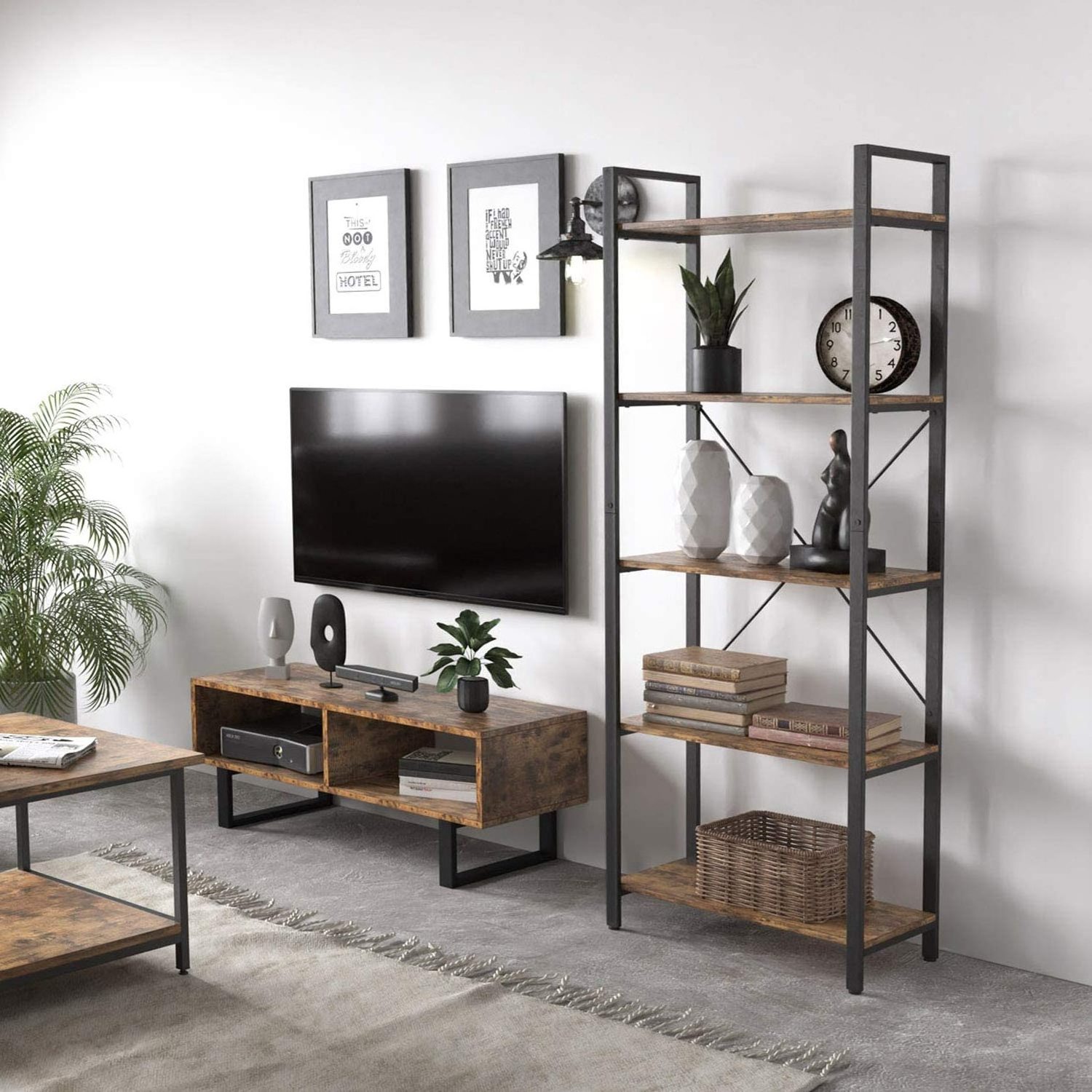 Istudy Industrial Bookcase 5-tier Bookshelf Living Room Bedroom Farm House Kitchen Office Decor And Storage Shelf