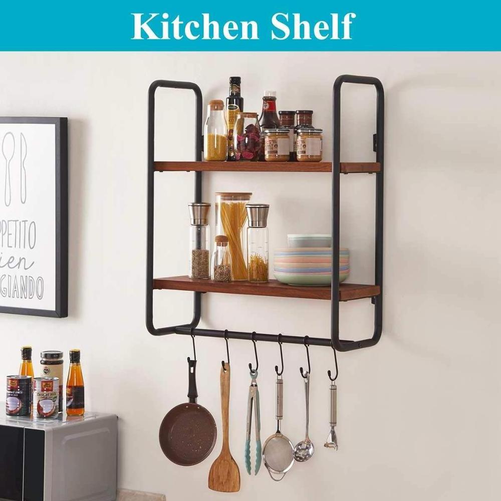 Solid Wood Wall Shelf with Hooks 2-Tier Shelves Wall Mounted for Kitchen Bathroom Bedroom and Office