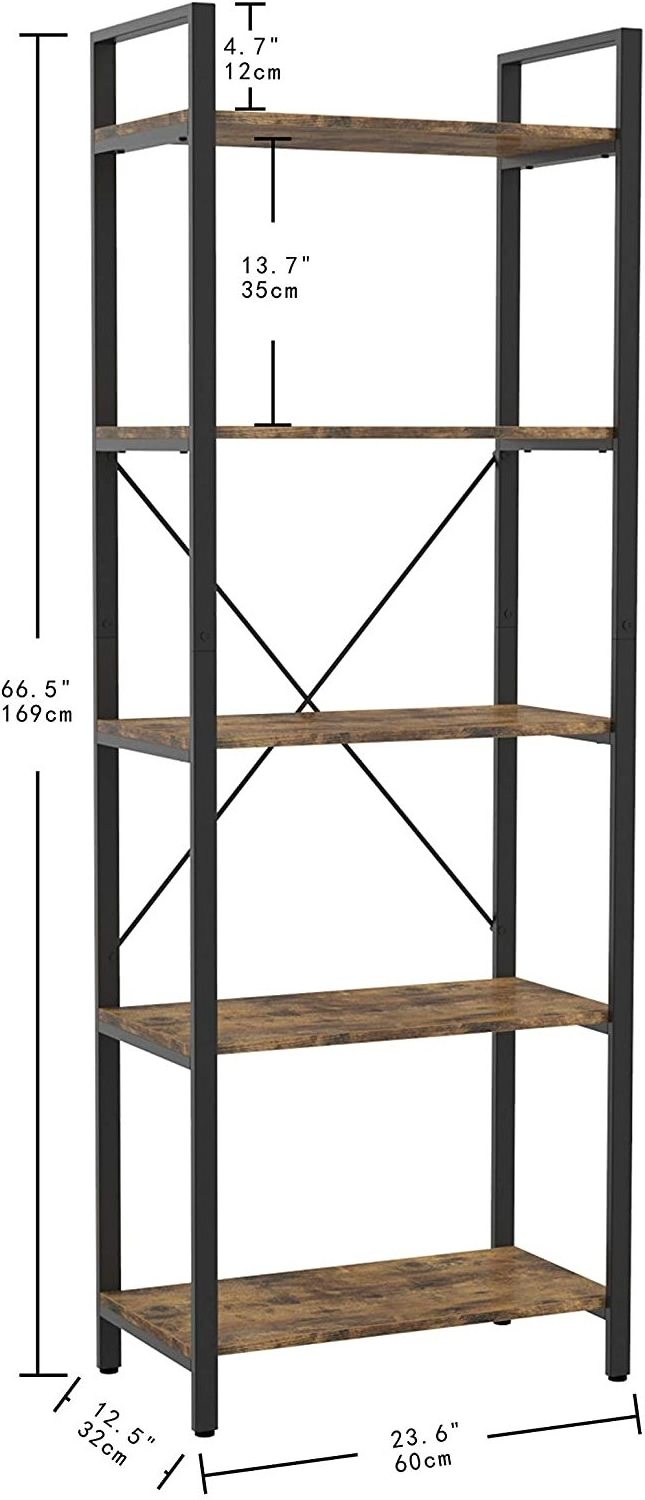 Istudy Industrial Bookcase 5-tier Bookshelf Living Room Bedroom Farm House Kitchen Office Decor And Storage Shelf