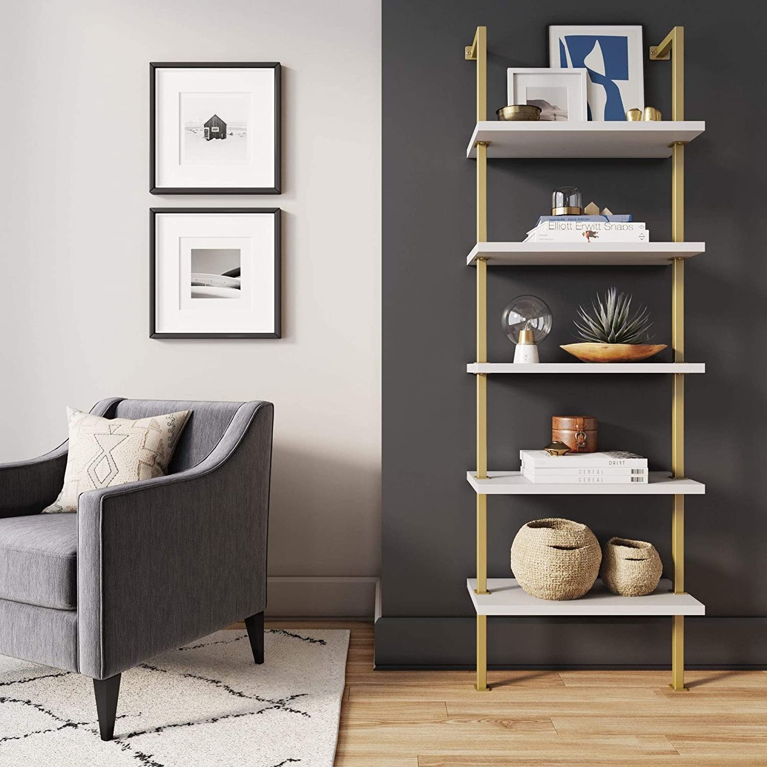 Modern bookcase, wall mounted ladder bookcase, industrial metal bookshelf