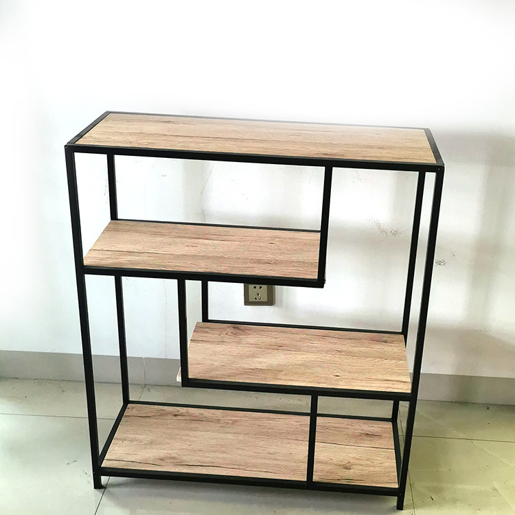 Industrial Style Stand 4 Staggered Shelf Living Room Display Rack Wood Shelf Bookcase