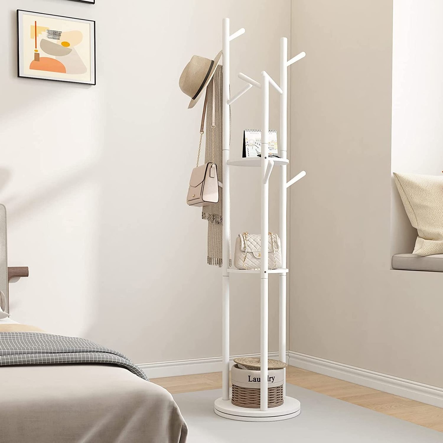 Three - level storage rack nine hook height adjustable rotating wooden coat and hat rack