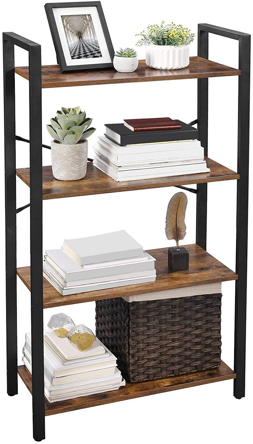 Industrial Design Rustic Brown 4-Tier Wooden Wall Bookshelf Storage Rack bookcase