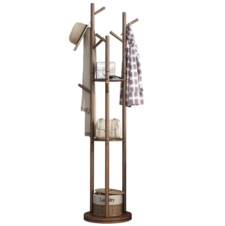 Three - level storage rack nine hook height adjustable rotating wooden coat and hat rack