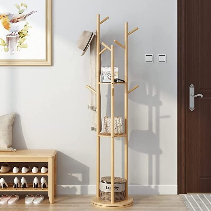 Three - level storage rack nine hook height adjustable rotating wooden coat and hat rack