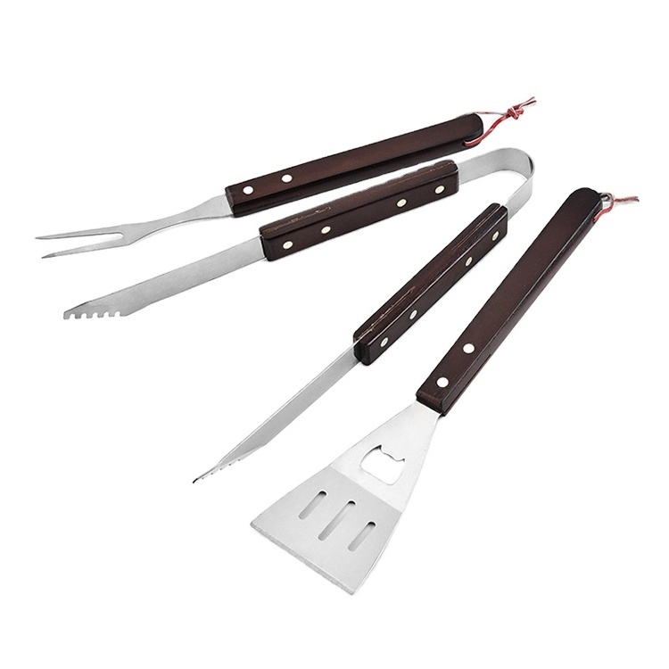 Hot New Design Eco-friendly Products Barbeque Grill Tool 3 PCS Set Barbecue Clip Grill Fork with Wooden Handle