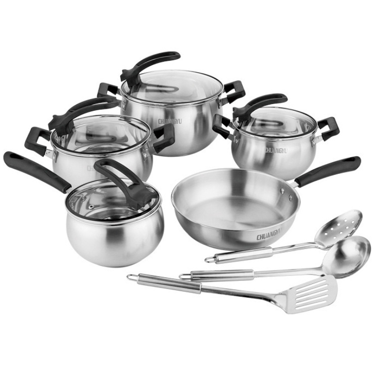 Cookware Milk Pot Stainless Steel Set Kitchen Metal OEM Packing Double Handle Feature Eco Material  12Pcs Set cookware