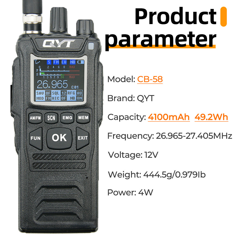 NEW QYT 27MHz CB-58 Radio Standard Handheld 40 Channel AM/FM CB Radio(4W Handheld Walkie Talkie) 26.965-27.405MHz