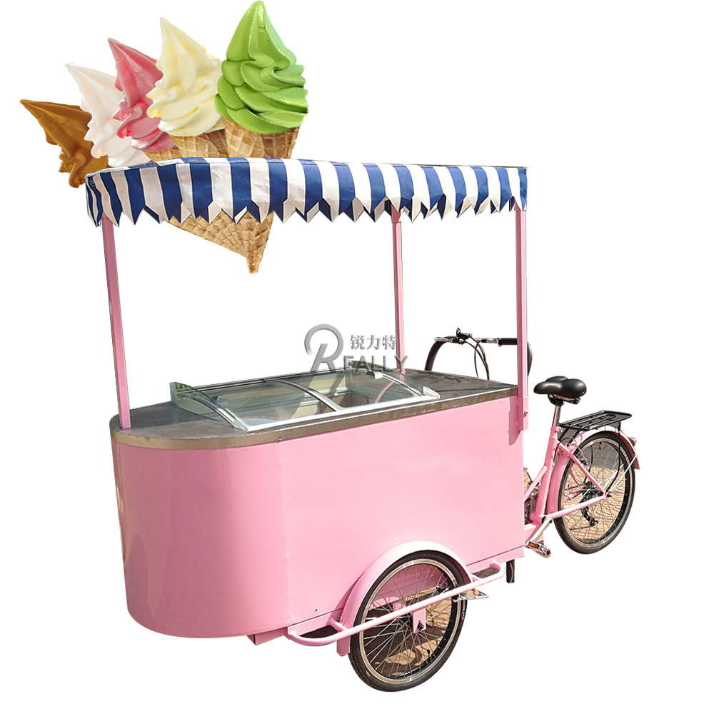 Pedal Pink Mobile Ice Cream Cart with 108L Freezer 3 Wheel Electric Bicycle Adult Food Bike Vending Carts for Sale