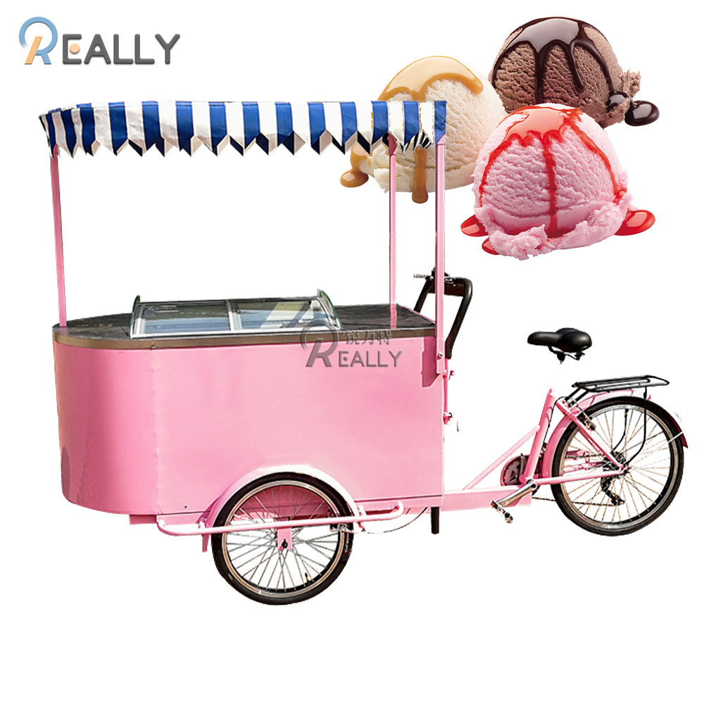 Pedal Pink Mobile Ice Cream Cart with 108L Freezer 3 Wheel Electric Bicycle Adult Food Bike Vending Carts for Sale