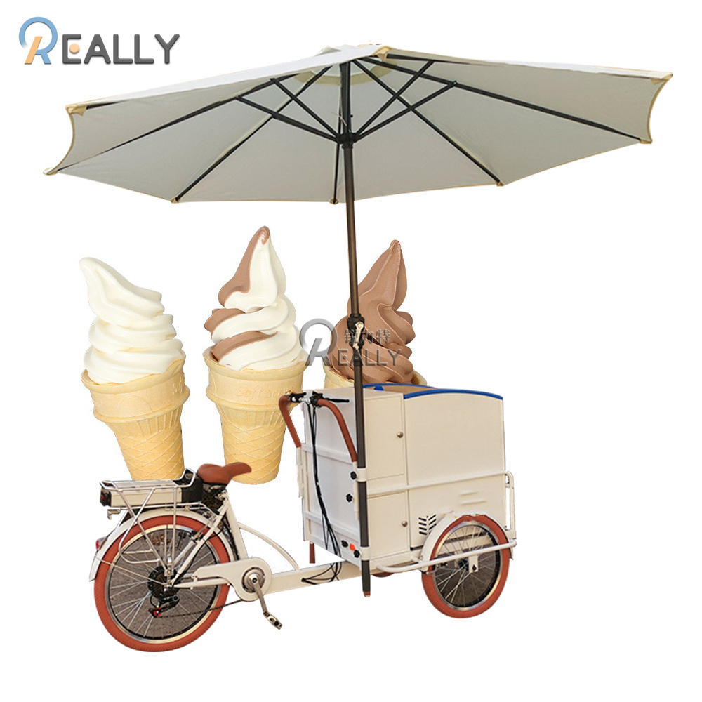 Long Range Electric Street Food Bike Popsicle Ice Cream Cart with Deep Freezer 12V Refrigerator Bicycle for Adults Tricycle