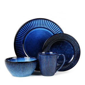 Best Quality 16pc Blue Round Crockery Ceramic Reactive Ribbed Dinnerware with Dinner Plate Salad Plate Bowl Mug