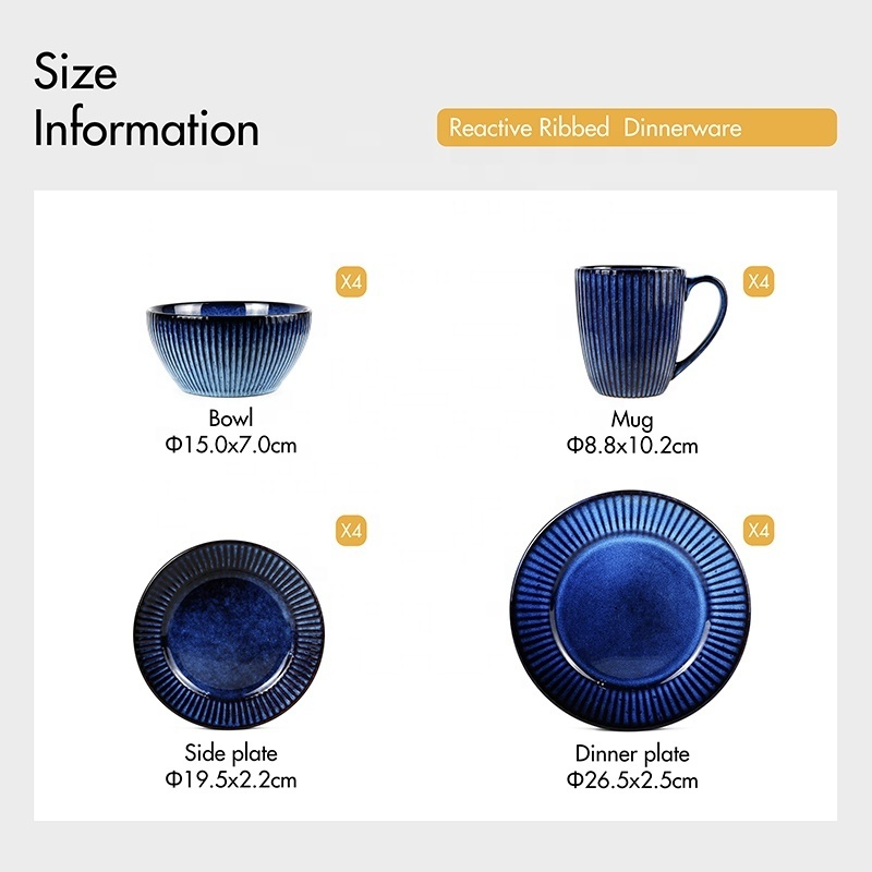 Best Quality 16pc Blue Round Crockery Ceramic Reactive Ribbed Dinnerware with Dinner Plate Salad Plate Bowl Mug