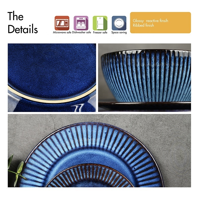 Best Quality 16pc Blue Round Crockery Ceramic Reactive Ribbed Dinnerware with Dinner Plate Salad Plate Bowl Mug