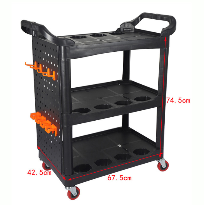 Utility 3 tier rolling hand push tool cart trolley with wheels for service detailing car wash beauty waxing janitorial plastic