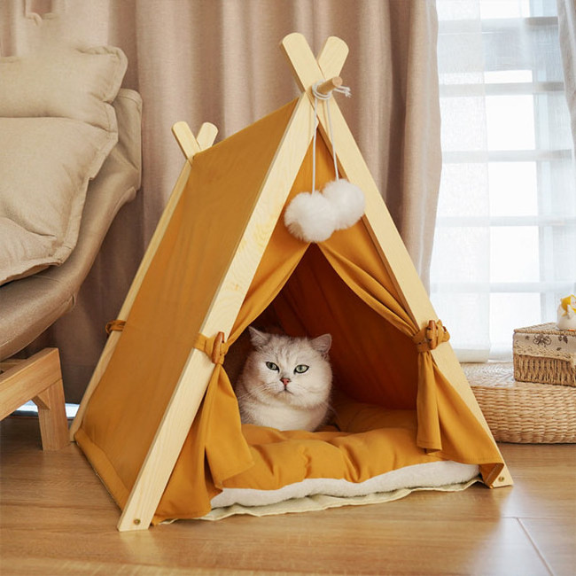 Hot Sale wholesale Modern Wooden Triangle pet teepee pet tent dog house cat nest bed with cushion