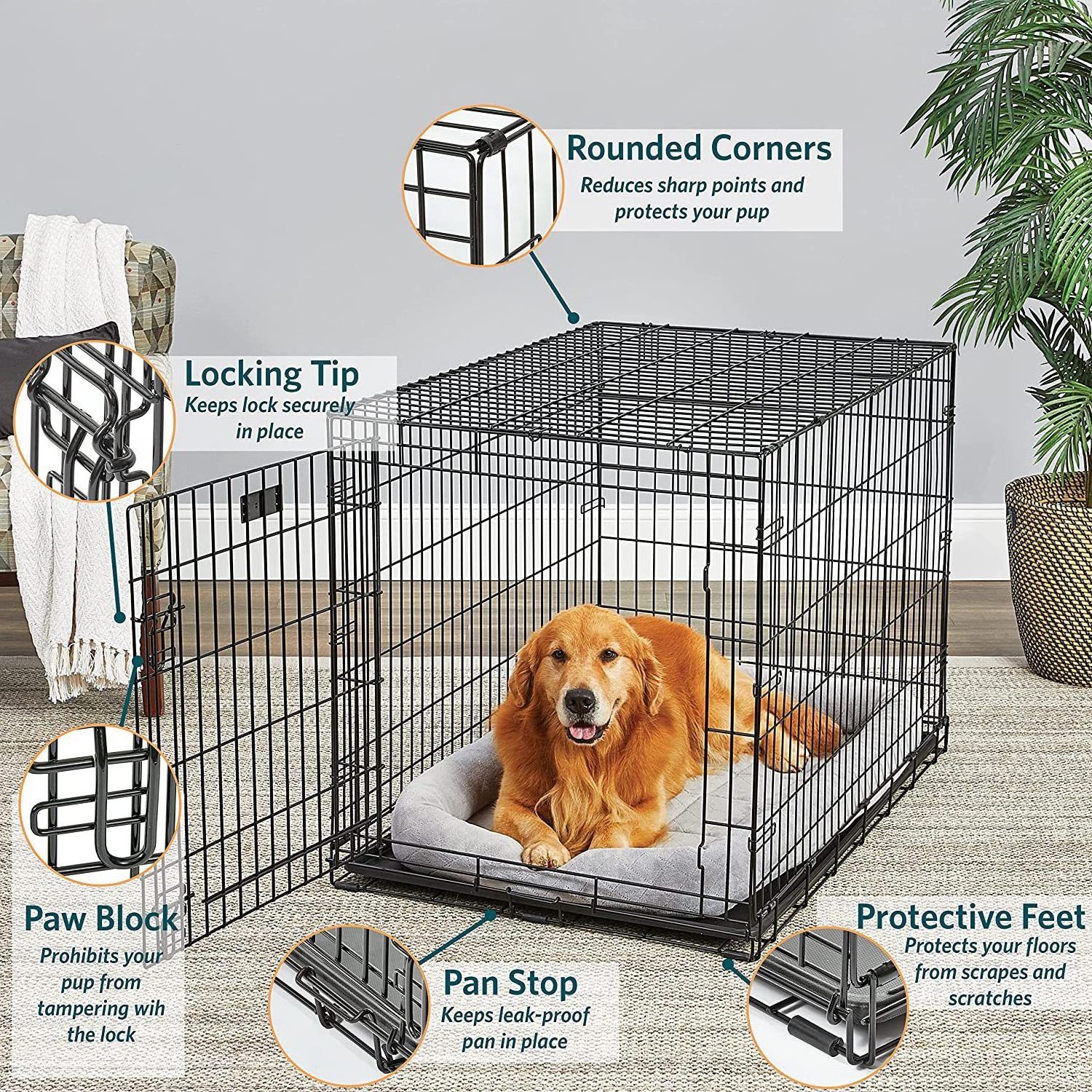 Comfortable Large Dog Crate Folding Metal Dog kennel Metal Wire With Tray Small Pet Cage