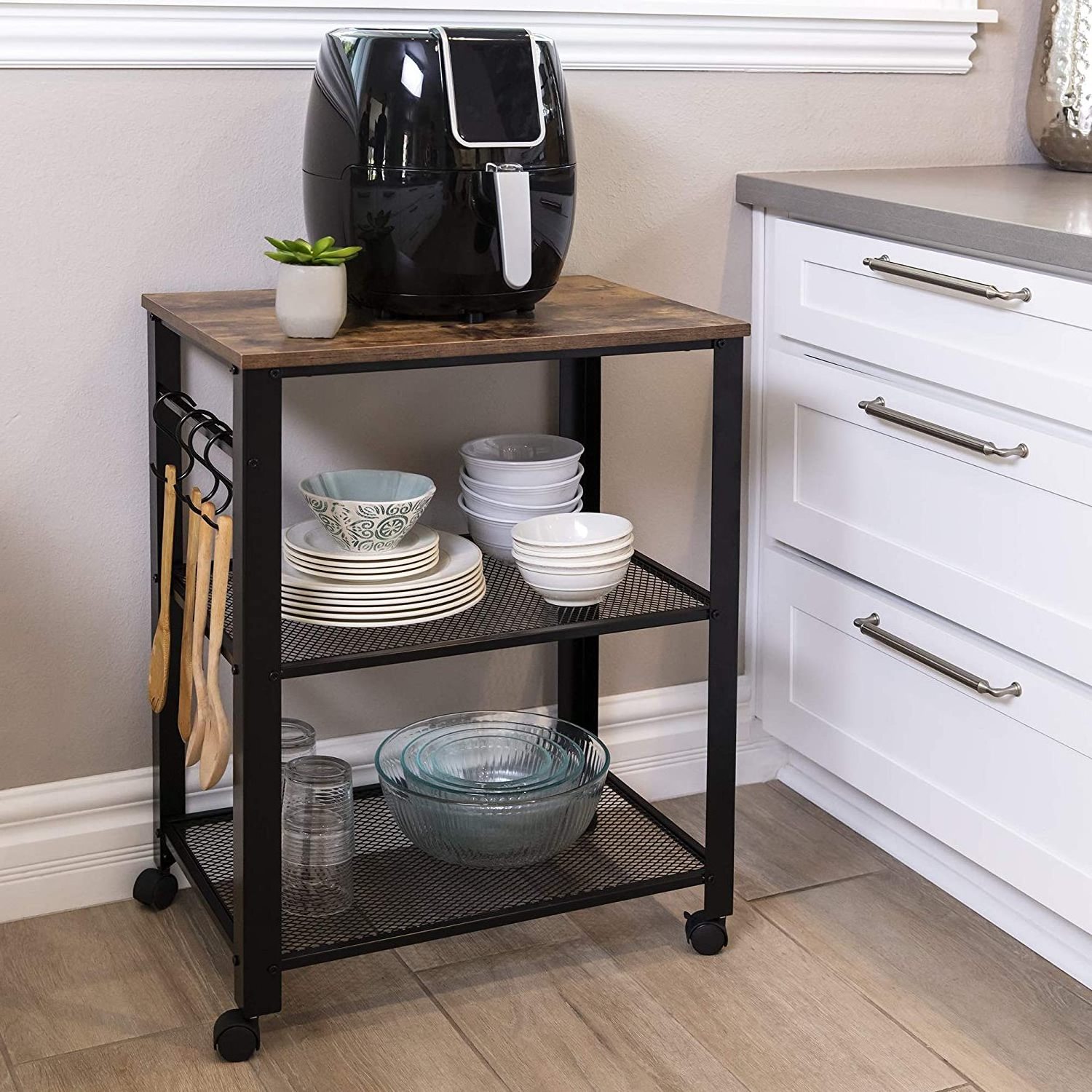 Hot Selling Kitchen Furniture Easy Assemble 3-Tier Microwave Cart Rolling Utility Coffee Bar Black Small Serving Cart