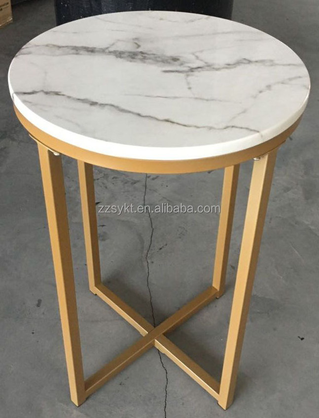 Home furniture gold finish faux marble top round side table end table with X-base