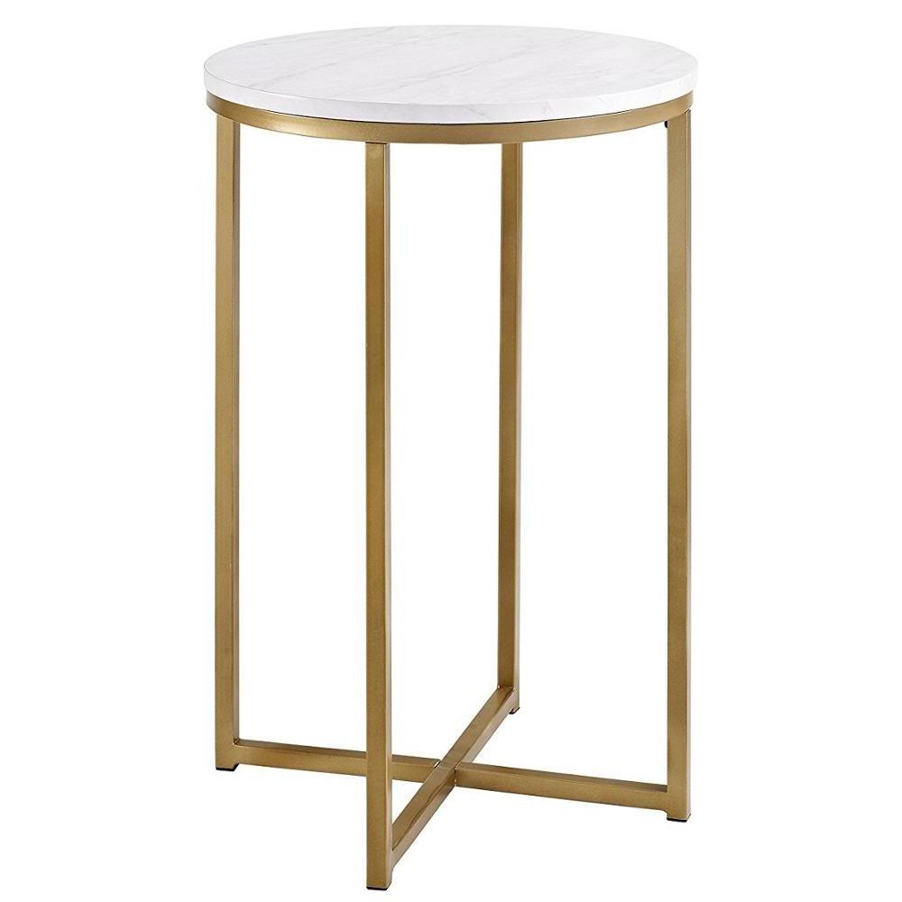 Home furniture gold finish faux marble top round side table end table with X-base