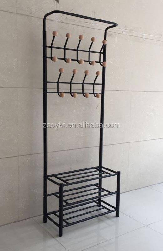 Multi-purpose steel coat clothes stand 3-tier shoes rack with hanger hooks