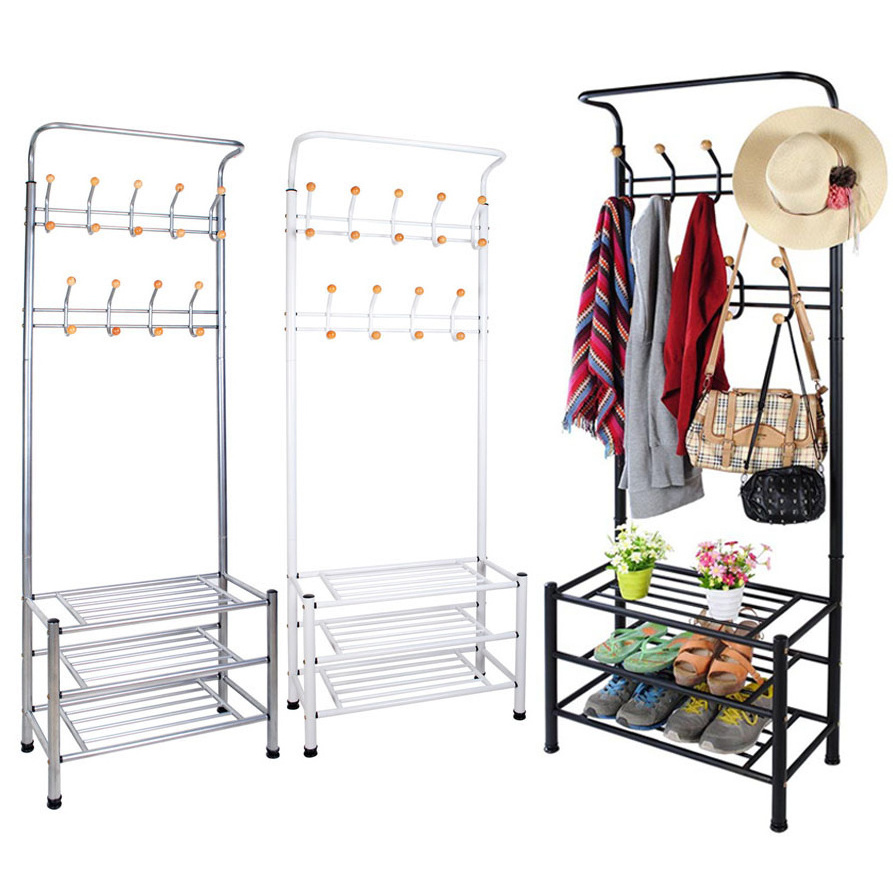 Multi-purpose steel coat clothes stand 3-tier shoes rack with hanger hooks