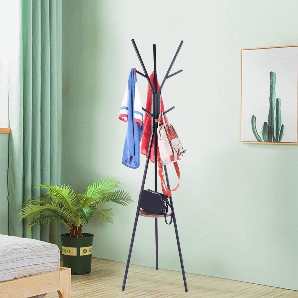 Coat Rack Tree Hat Hanger Holder Metal Stand 6 Hooks Industrial High-Grade Entryway Hall  Coat Tree with Small Shelves