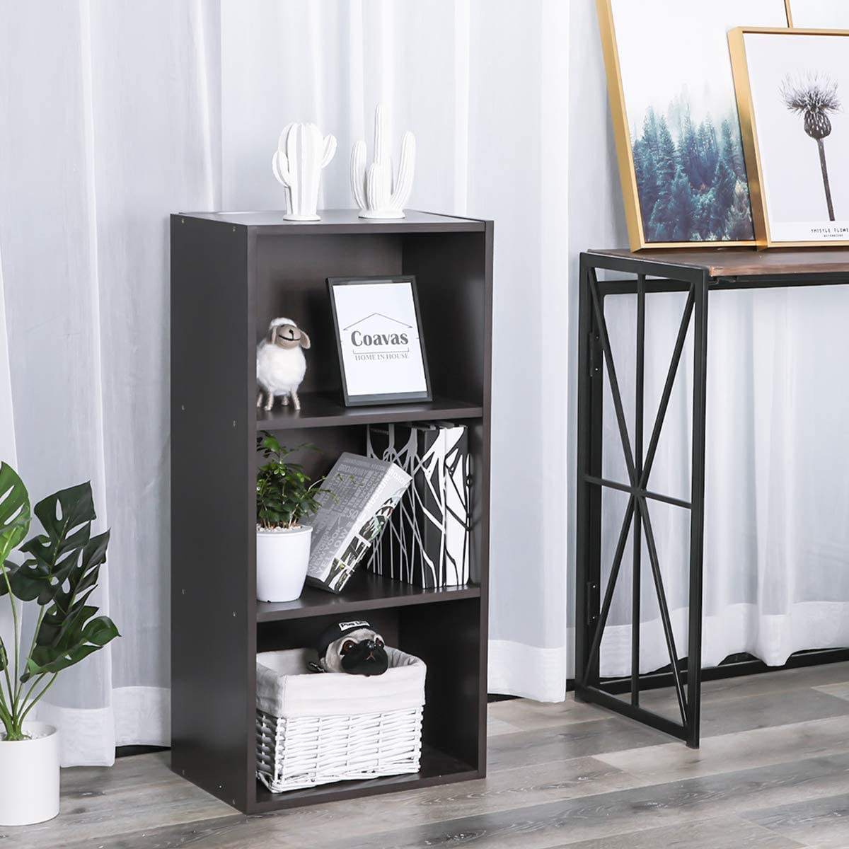 Open Wood Bookshelf Cabinet 3-story Display Bookcase Modern Wooden Storage Small Side Table