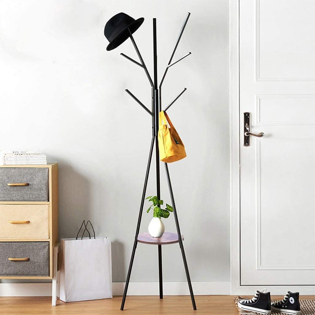 Coat Rack Tree Hat Hanger Holder Metal Stand 6 Hooks Industrial High-Grade Entryway Hall  Coat Tree with Small Shelves