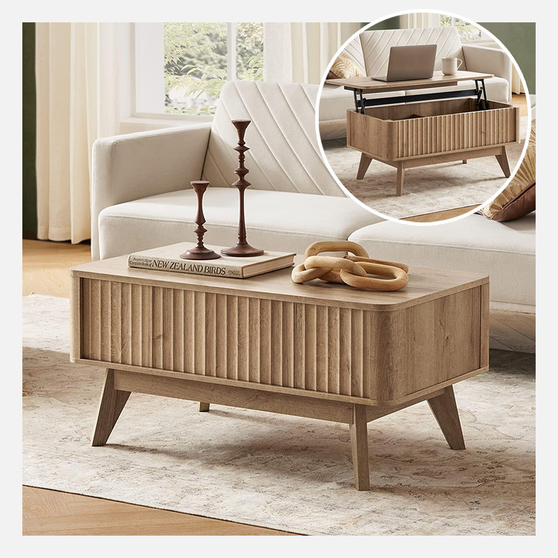 Best Price  Mid Century Modern Rectangle Coffee Table with Dual Storage Shelf, Wood Slat Sliding Door, & Rounded Edge Protection