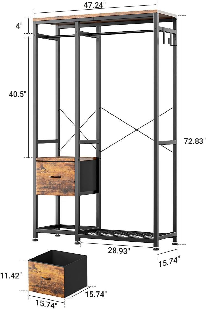 Wholesale Heavy Duty  Industrial Clothing Racks with Shelves Fabric Drawers/Hooks,  Hanging Rods, Freestanding Closet Organizer