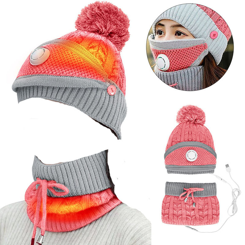 Cycling Bike Warm Knit Thick Fleece Lined Winter Cap Neck Warmer Outdoor Skating Skiing Sports Winter USB Heated Hat Scarf Sets