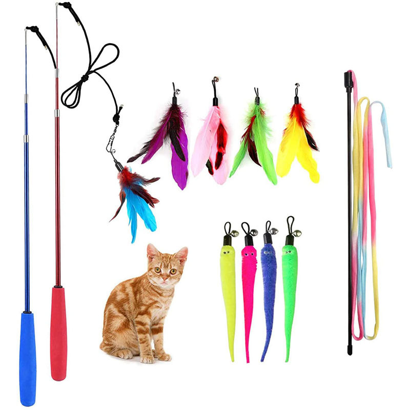 Retractable Cat Wand Toys 12 Packs Interactive Feather Toy 9 Assorted Cats Teaser Refills With Bell For Kitten