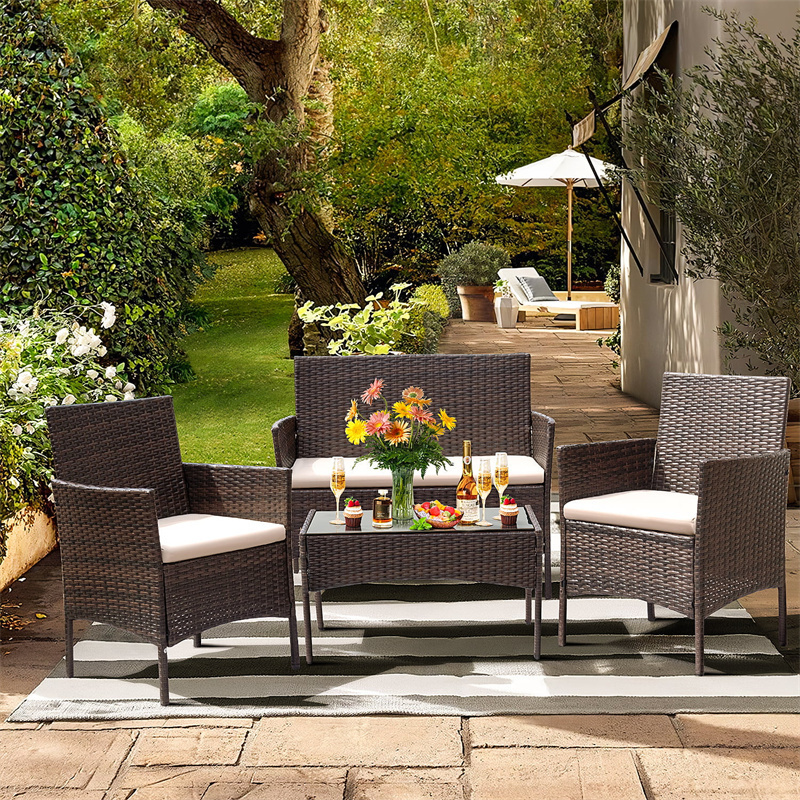 4 Piece Outdoor Patio PE Rattan Wicker Table Chairs Garden Furniture Set