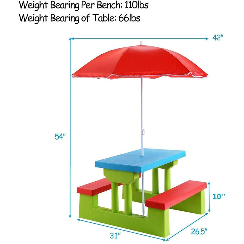 Garden Backyard Patio Indoor Outdoor Removable Umbrella Table Bench Portable Toddlers Kids Picnic Table