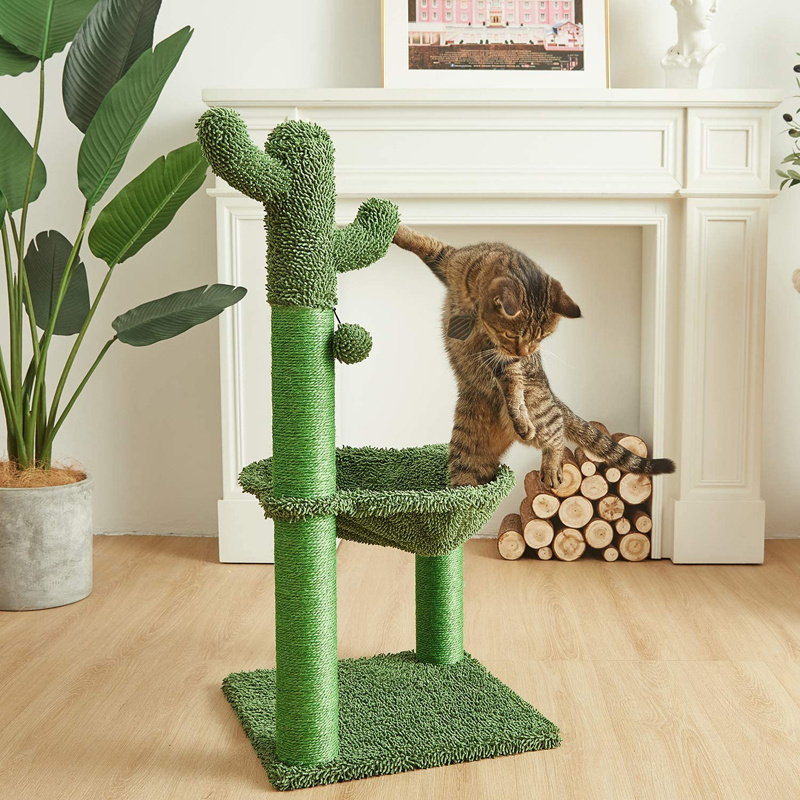 Pet Cactus Full Wrapped Sisal Scratching Post For Kitten Green Large Cat Tree With Hammock