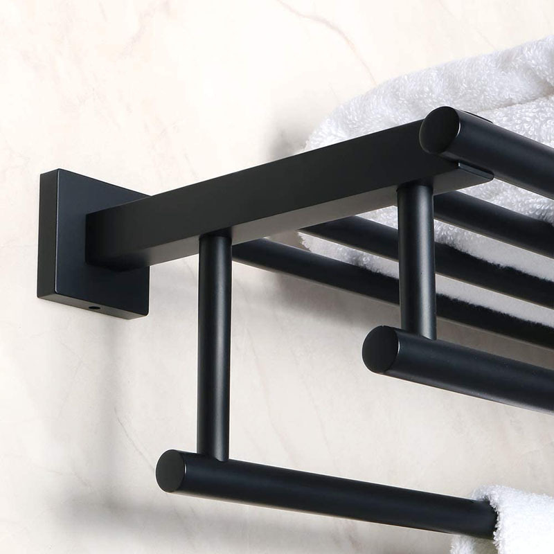 Home Hotel Bathroom Lavatory Accessories Stainless Steel Black Shelf Wall Mount Holder Towel Bar Rack